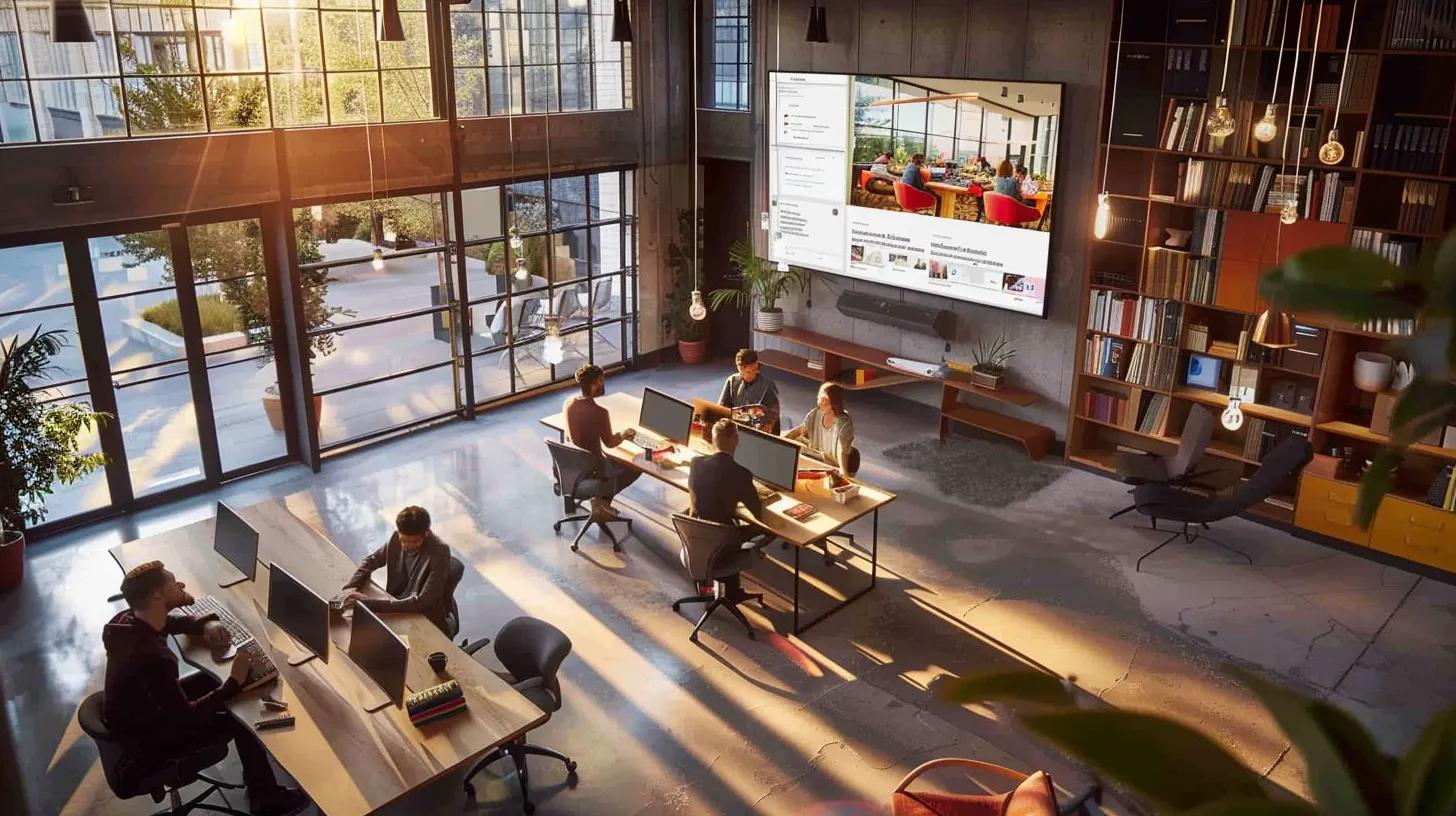 a bustling urban office space showcases a large screen displaying a sleek, responsive website design on multiple devices, highlighting the adaptability and functionality crucial for buffalo businesses in a dynamic digital landscape.