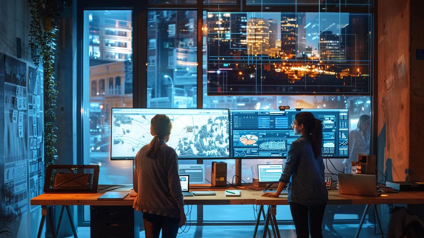a dynamic urban office space showcases a creative team collaborating on sleek, vibrant computer screens filled with innovative web design prototypes for buffalo, ny businesses, illuminated by modern lighting that enhances the contemporary atmosphere.