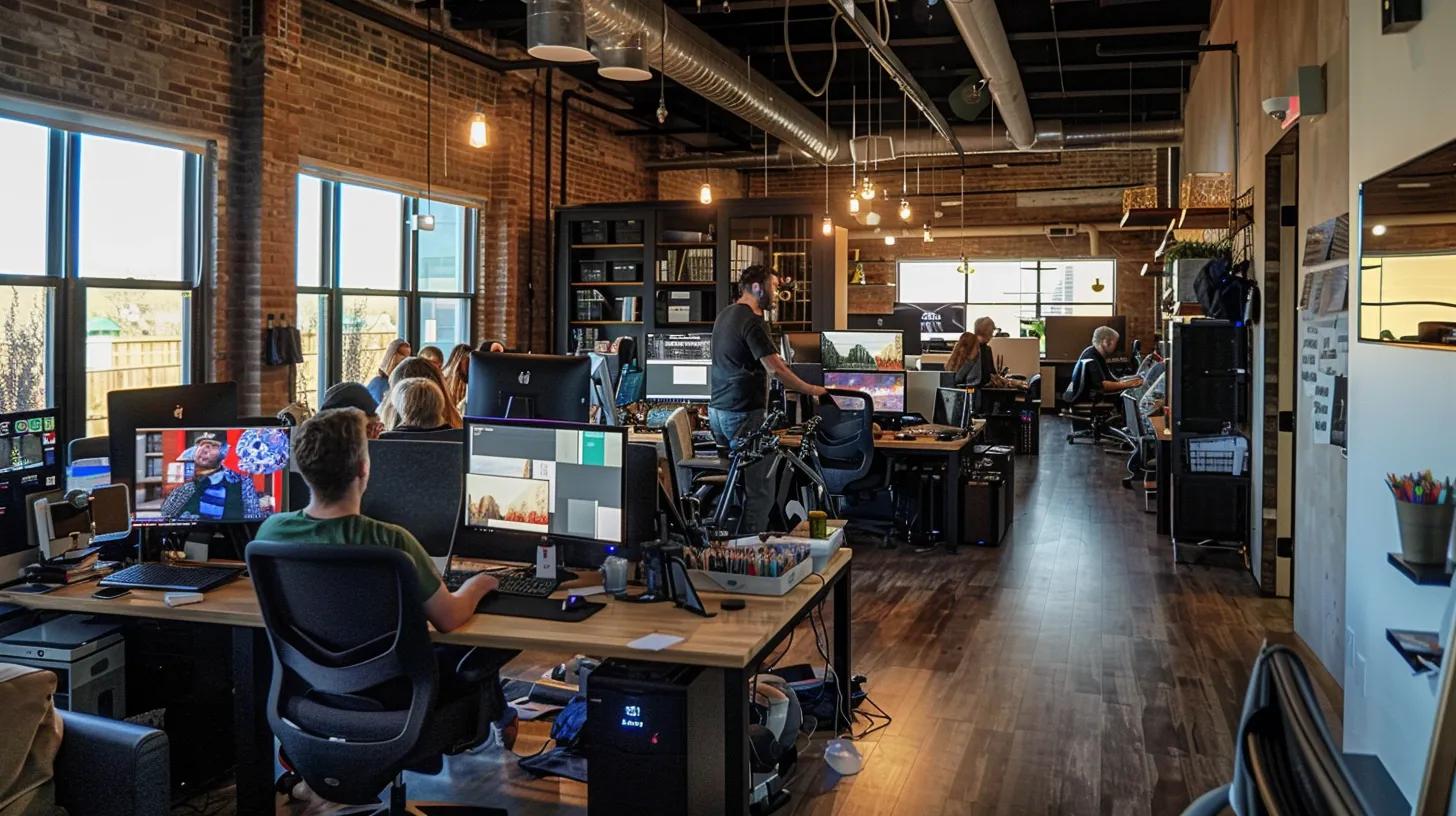a modern, bustling office environment with a diverse team of professionals engaged in a collaborative meeting, surrounded by digital mockups and high-tech devices, reflecting the innovative process of building responsive websites for buffalo businesses. a modern, bustling office environment with a diverse team of professionals engaged in a collaborative meeting, surrounded by digital mockups and high-tech devices, reflecting the innovative process of building responsive websites for buffalo businesses.