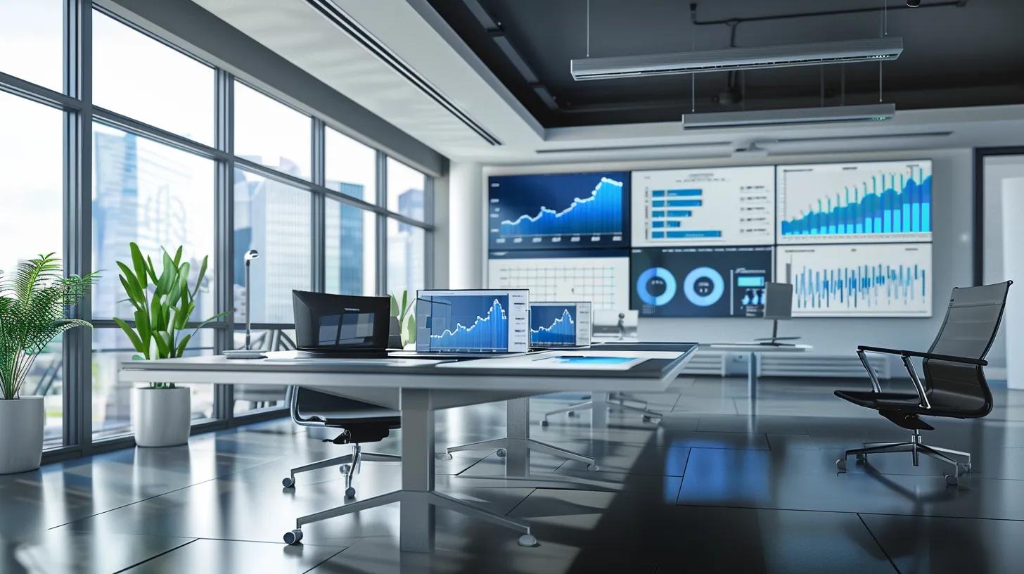 a modern office setting showcases a sleek digital dashboard on multiple screens, highlighting key performance metrics and usability innovations for local websites, illuminated by dynamic blue and white lighting that reflects the emphasis on speed and efficiency.