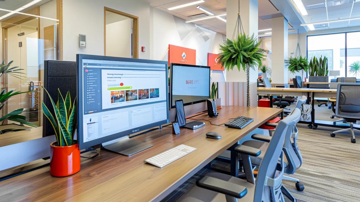 a modern office space features a sleek work desk with a high-resolution monitor displaying an engaging website layout, showcasing vibrant multimedia elements and strategic content placement that tell a compelling brand story, all illuminated by warm, sophisticated lighting.