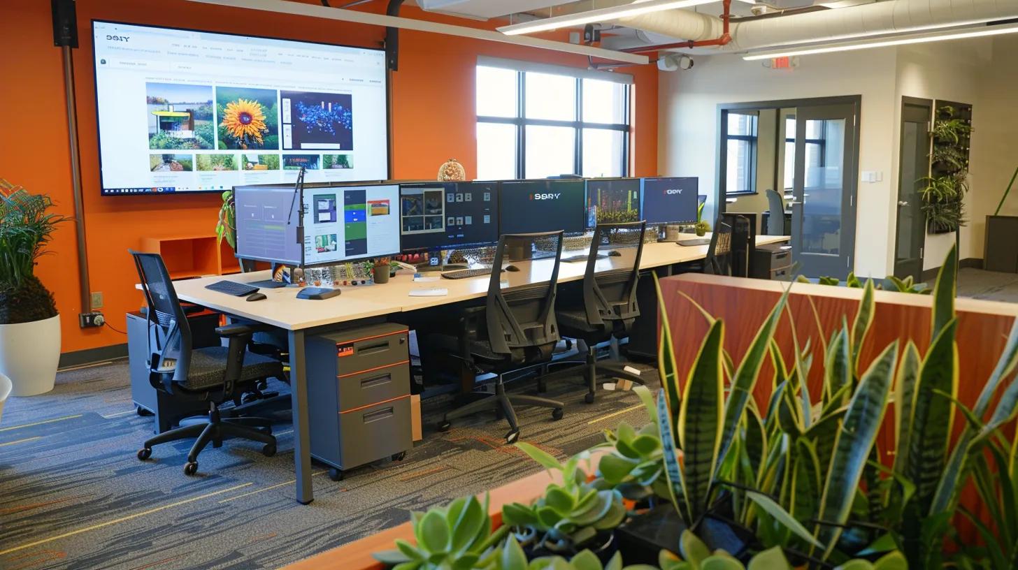 a modern office workspace featuring a large, sleek computer screen displaying a vibrant responsive web design layout, surrounded by a blend of innovative tech devices and dynamic office decor, conveying the theme of digital transformation for buffalo businesses.