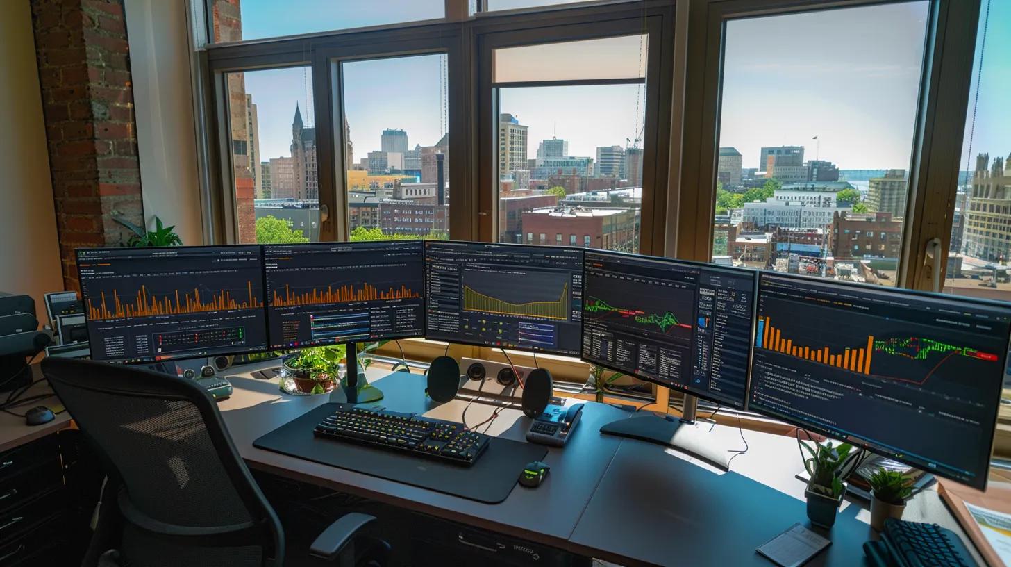a modern office workspace filled with digital dashboards displaying local seo analytics, featuring vibrant graphs and metrics, with a backdrop of a bustling buffalo city skyline visible through large windows.