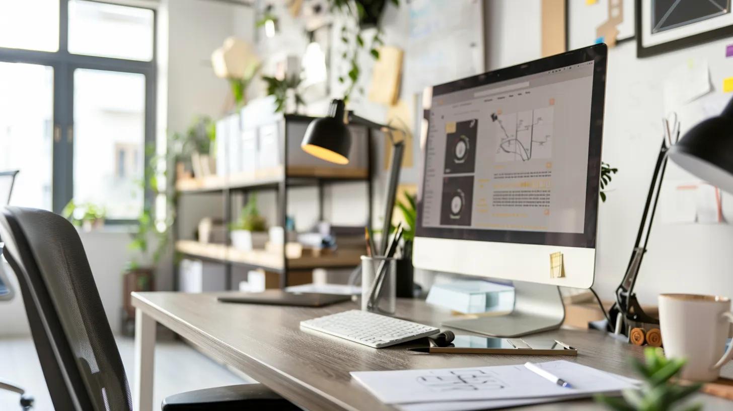 a modern office workspace showcases a digital designer's station, featuring a sleek computer screen displaying a dynamic, responsive website layout with fluid grid systems and touchscreen-friendly navigation elements, all under bright, professional lighting that emphasizes functionality and innovation. a modern office workspace showcases a digital designer's station, featuring a sleek computer screen displaying a dynamic, responsive website layout with fluid grid systems and touchscreen-friendly navigation elements, all under bright, professional lighting that emphasizes functionality and innovation.
