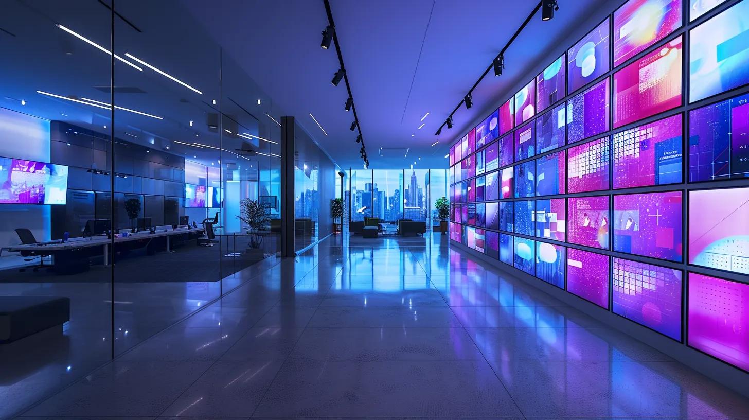 a sleek, futuristic office filled with vibrant digital displays showcasing cutting-edge custom web design solutions, highlighting user interfaces and analytics tools that embody the evolution of digital engagement for buffalo businesses.