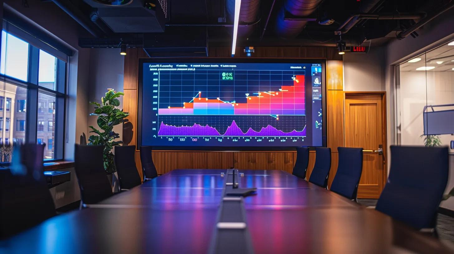 a sleek, modern office conference room features a large screen displaying a vibrant graph of website performance metrics, emphasizing the importance of technical health and mobile optimization for local businesses in buffalo.