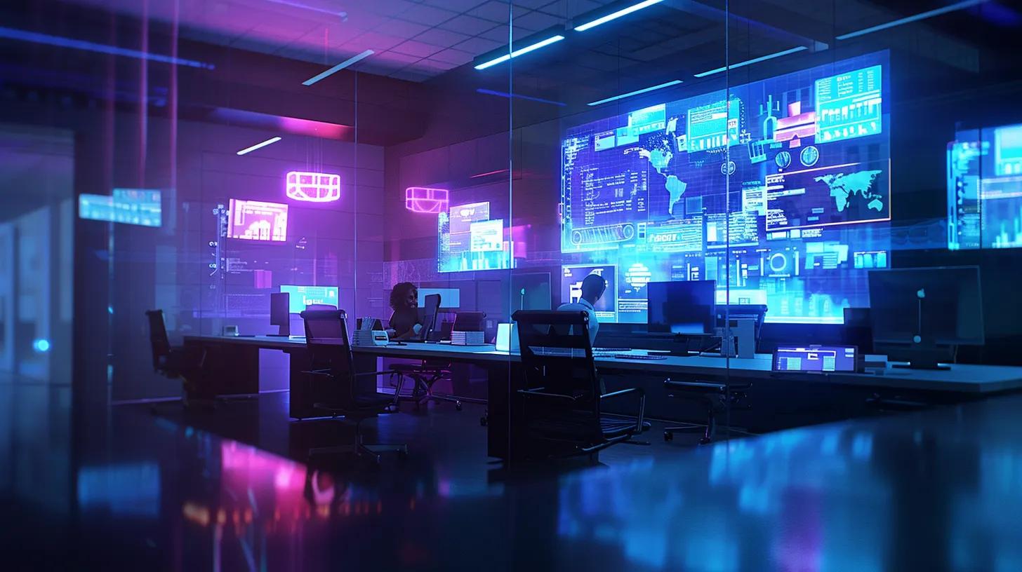 a sleek, modern office setting features a diverse team of professionals collaborating around a digital whiteboard, showcasing dynamic website designs and next-gen technology concepts, illuminated by vibrant led lighting for a forward-thinking ambiance.