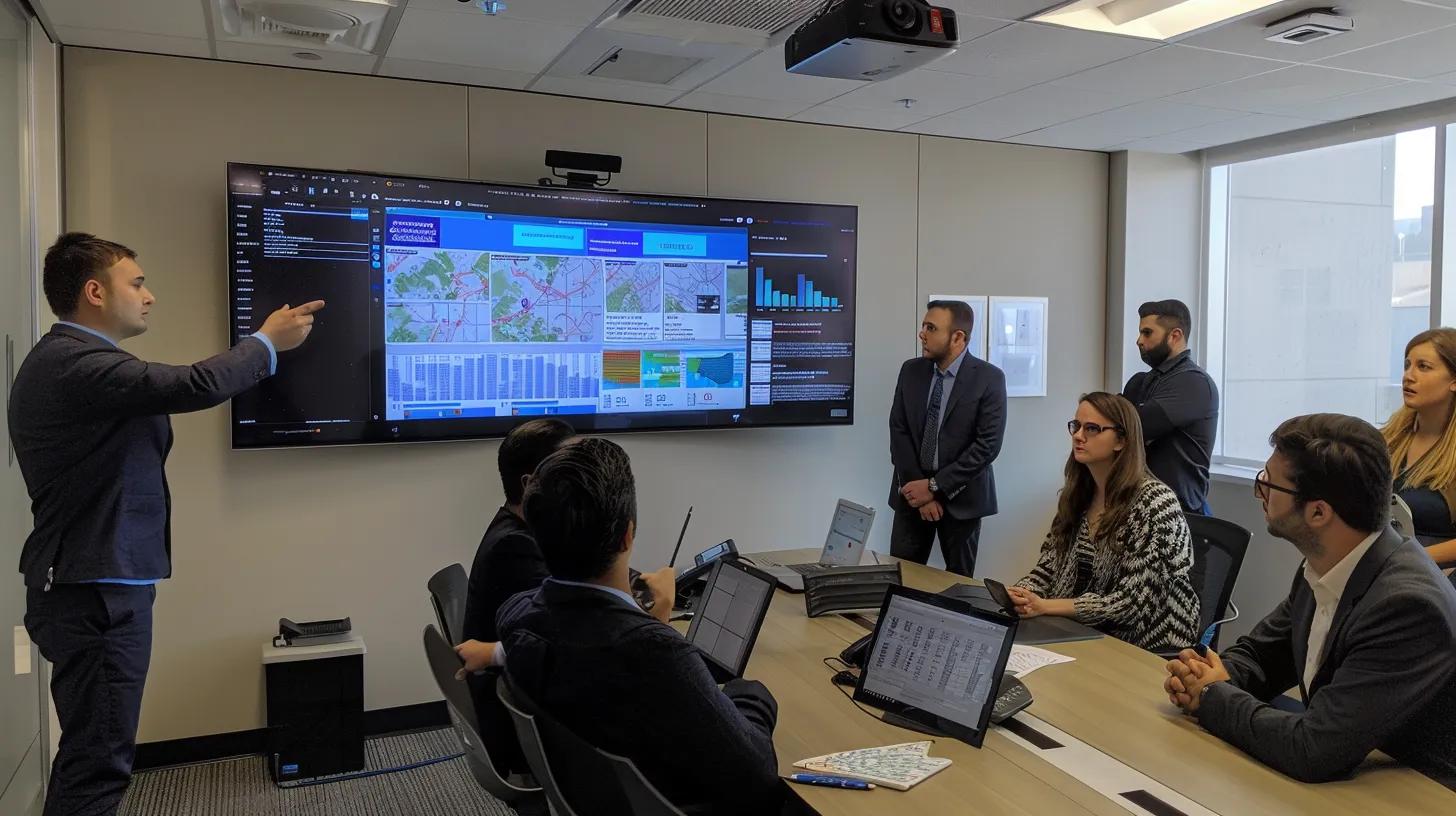 a sleek, modern office setting features a diverse team of professionals engaged in a brainstorming session, surrounding a large screen displaying a regional seo plan for buffalo, with visuals of keyword trends and local search analytics prominently showcased.