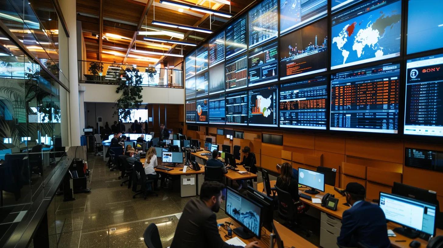 a sleek, modern office space bustling with professionals engaged in lively discussions about optimizing local business listings on digital platforms, featuring large screens displaying vibrant charts and statistics related to buffalo web design firms.
