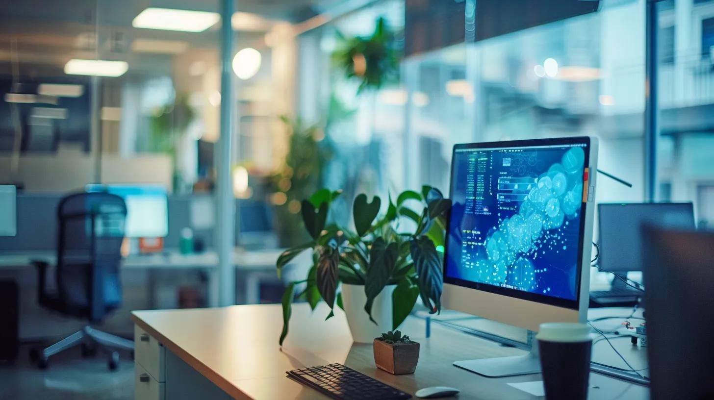 a sleek, modern office space features a large screen displaying dynamic web design techniques, emphasizing a vibrant, digital interface that captures the essence of innovation in buffalo's tech scene.
