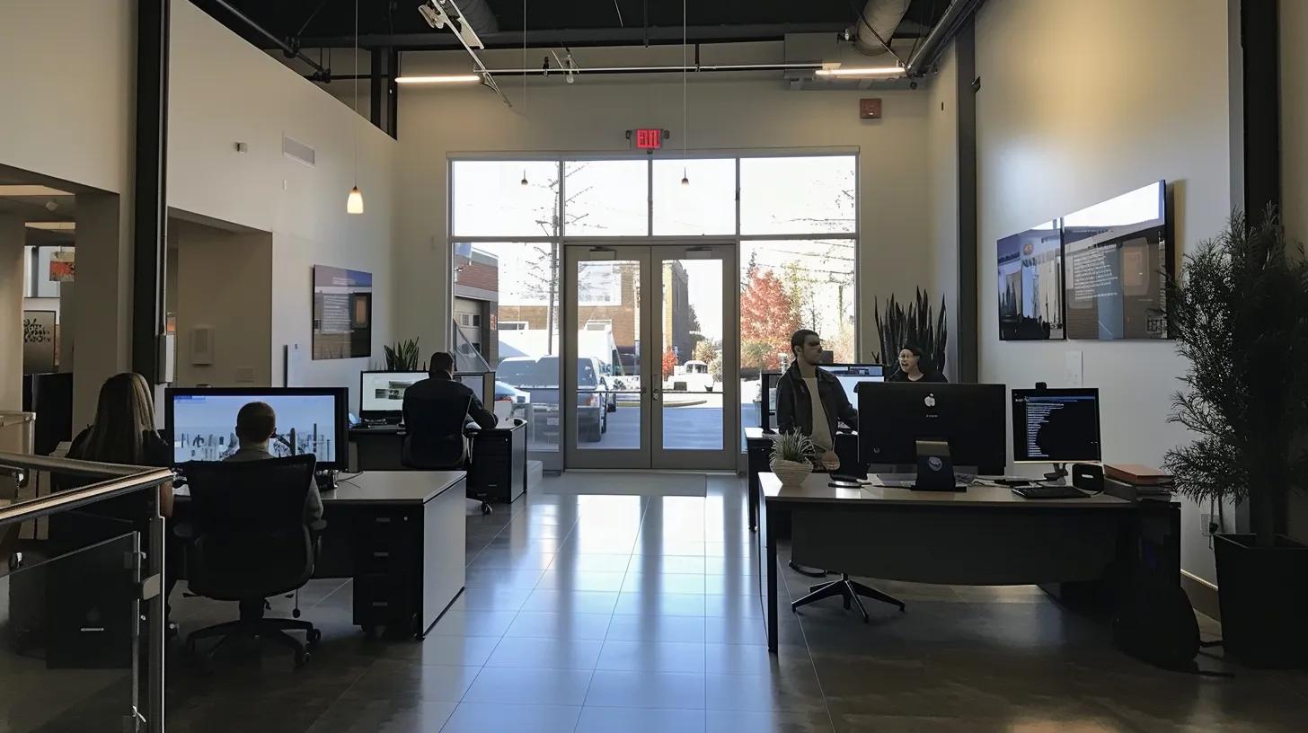 a sleek, modern office space in buffalo, ny, showcases a dynamic team collaborating on large screens displaying innovative website designs and analytics, reflecting the integration of creativity and technology in custom web solutions.