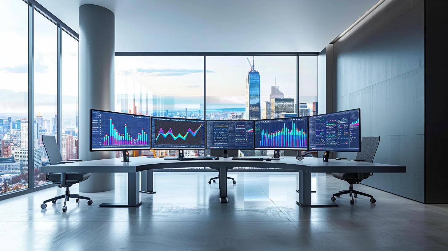 a sleek, modern office space in buffalo showcases professionals analyzing performance metrics on multiple digital screens, illustrating the impactful results of custom web design solutions on business growth.