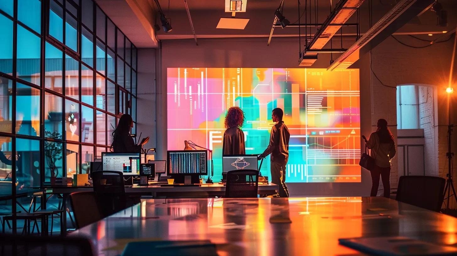 a sleek, modern office workspace showcases a vibrant digital interface projected on a large screen, featuring striking color palettes and dynamic graphical elements that reflect the local culture of buffalo, inviting collaboration and innovation in web design.