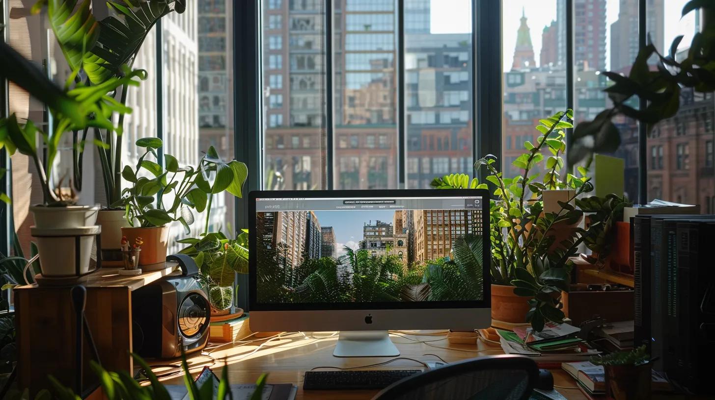 a sleek, modern office workspace in buffalo, ny, featuring a large digital display showcasing a tailored website design on a high-resolution screen, with city-themed decor that reflects local culture and consumer behavior research.