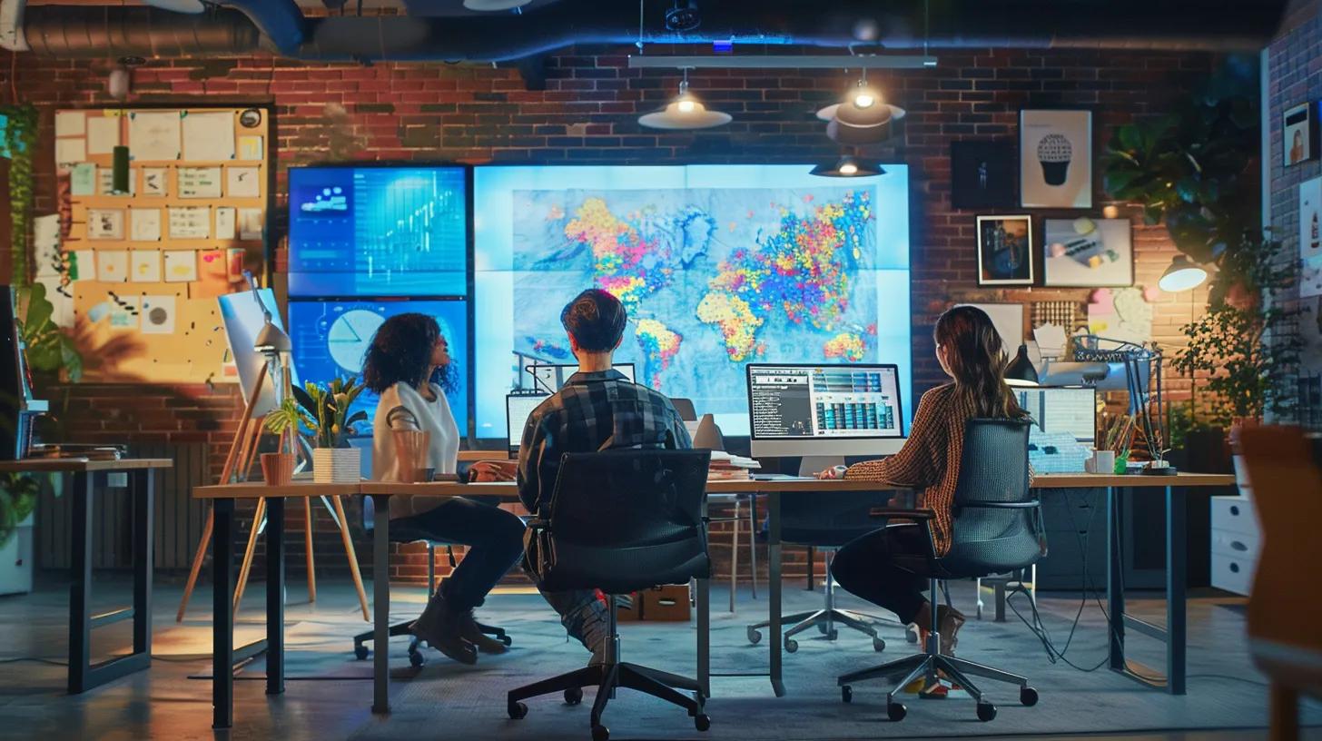 a vibrant, modern office environment in buffalo showcases a diverse team collaborating over a digital map displaying local seo strategies and web design concepts on sleek monitors, emphasizing innovation and community-focused marketing success.