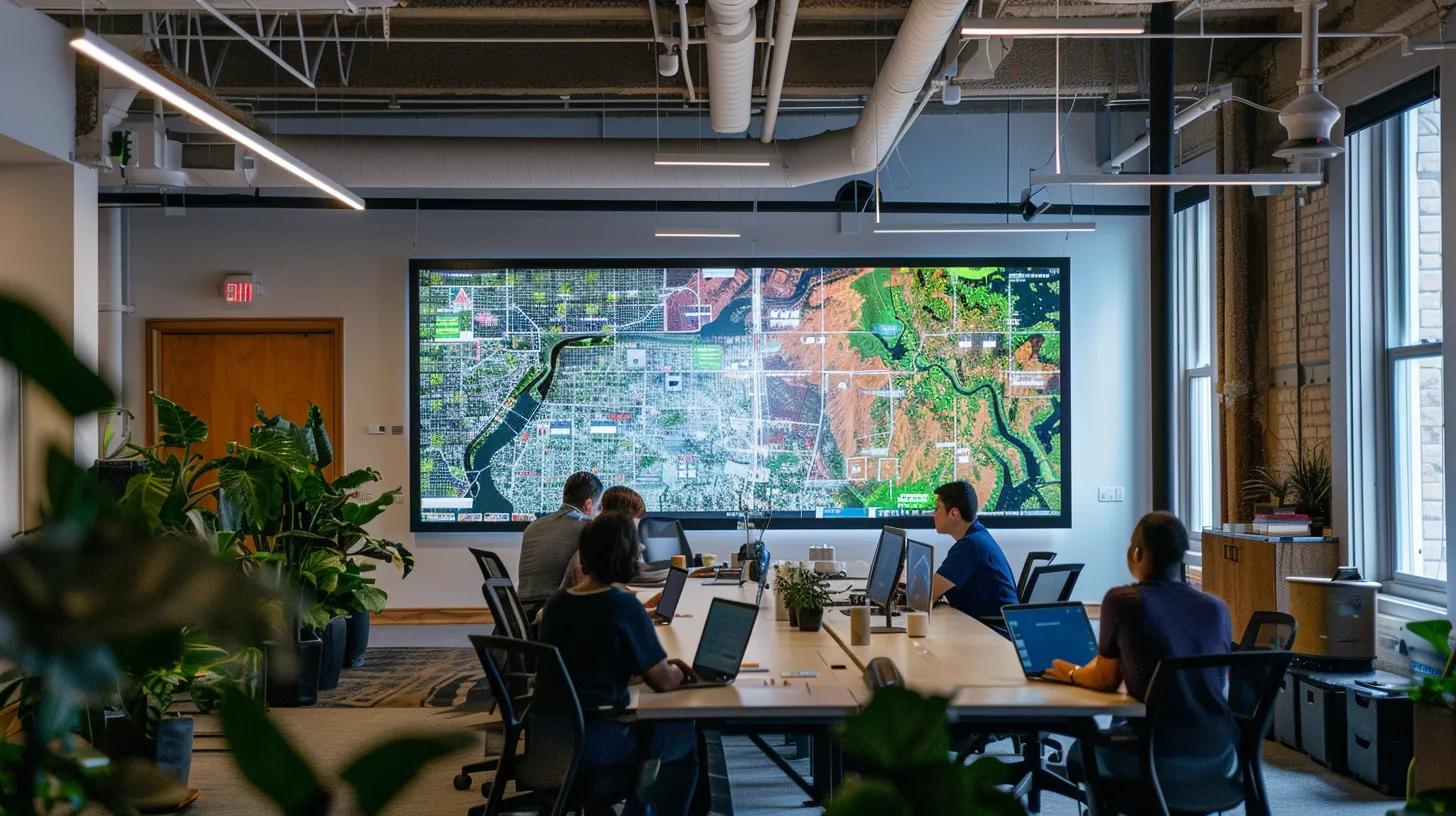 a vibrant office meeting room filled with diverse professionals collaborating over a large digital map of buffalo, showcasing key local projects and community engagement strategies, illuminated by bright overhead lights and contemporary decor.