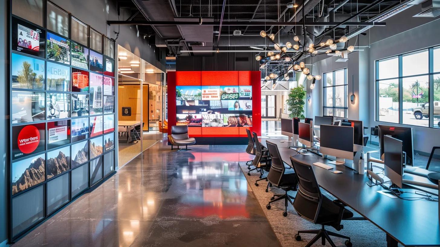 a vibrant office space showcases a cutting-edge digital display with interactive components, including smart animations and intuitive navigation, captivating visitors as they engage with the seamless user experience on sleek computer screens.