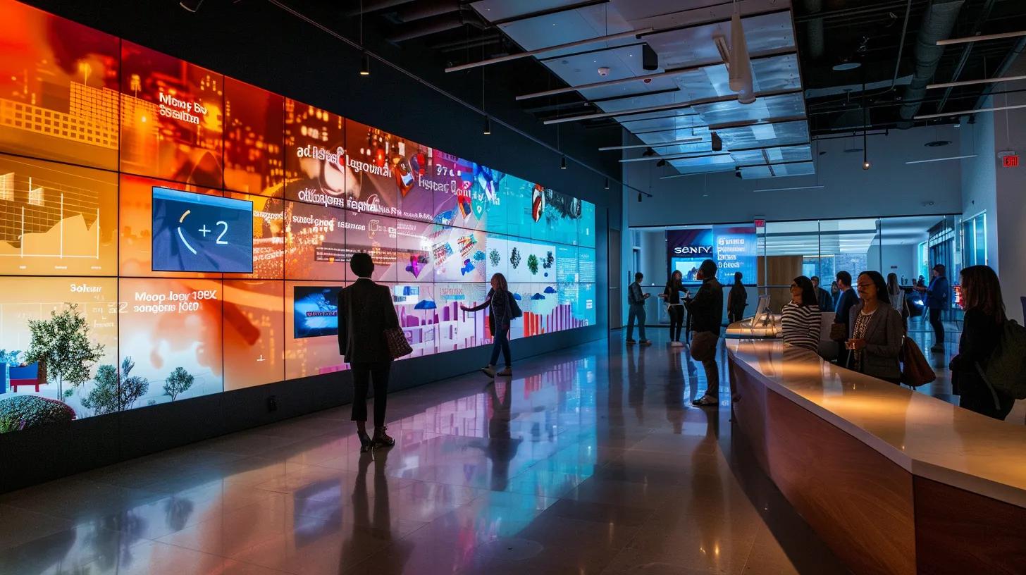 a sleek, modern office space featuring a large digital screen displaying a responsive website example, with diverse employees engaging in discussion around adaptive web design strategies, surrounded by dynamic visuals illustrating mobile device usage statistics and conversion rates. a sleek, modern office space featuring a large digital screen displaying a responsive website example, with diverse employees engaging in discussion around adaptive web design strategies, surrounded by dynamic visuals illustrating mobile device usage statistics and conversion rates.