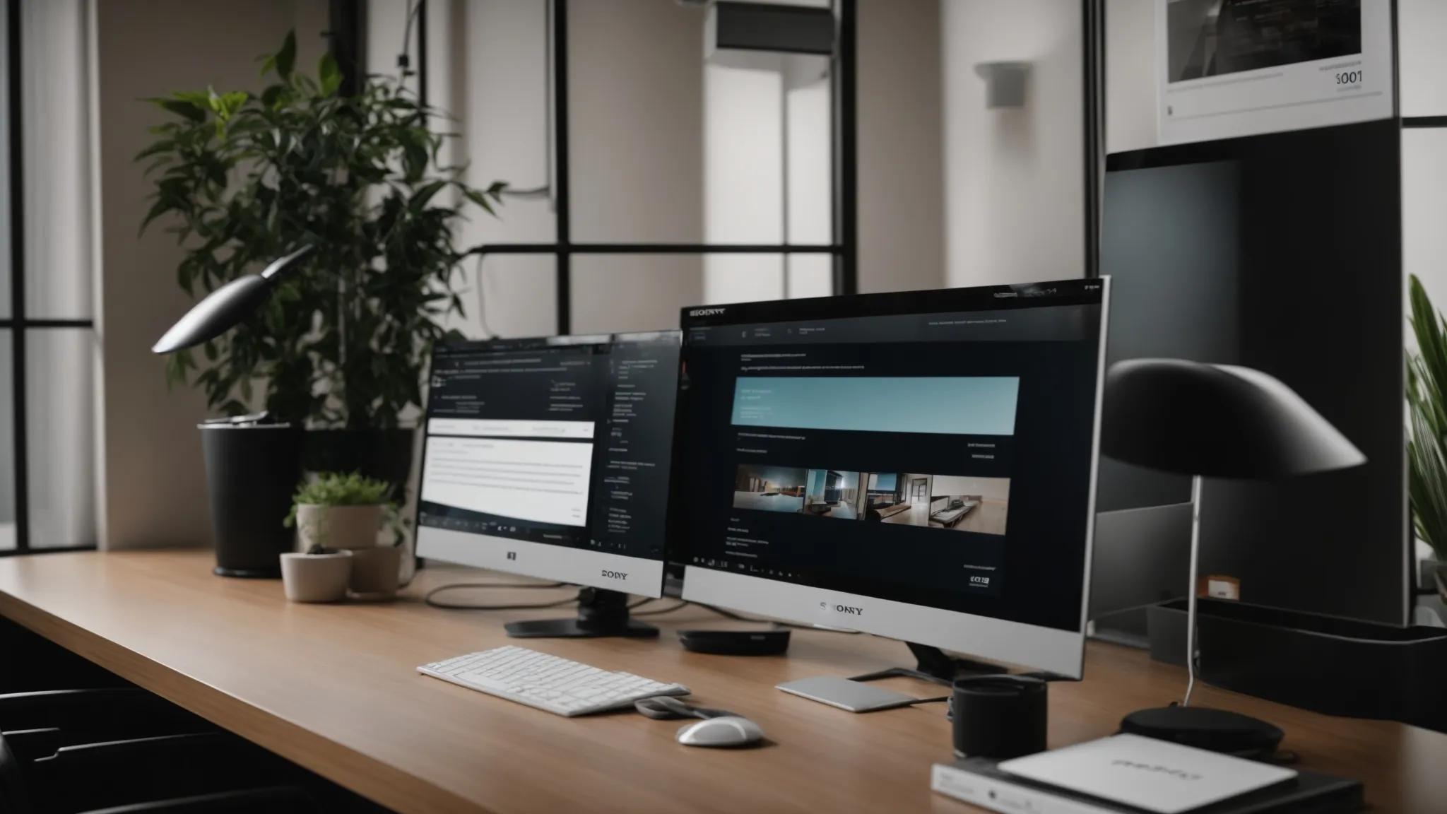 a modern office workspace, featuring a sleek computer setup displaying website accessibility tools on the monitor, with a detailed checklist of ada and wcag compliance guidelines prominently pinned on the wall, creating a focused atmosphere for enhancing digital inclusivity. a modern office workspace, featuring a sleek computer setup displaying website accessibility tools on the monitor, with a detailed checklist of ada and wcag compliance guidelines prominently pinned on the wall, creating a focused atmosphere for enhancing digital inclusivity.